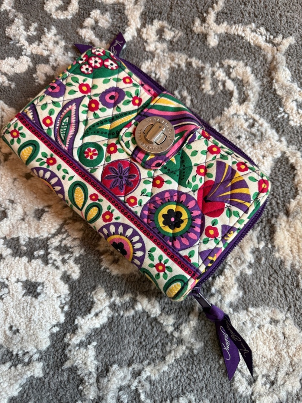 Vera Bradley Multicolor Floral Quilted Zip Wallet with Purple Trim